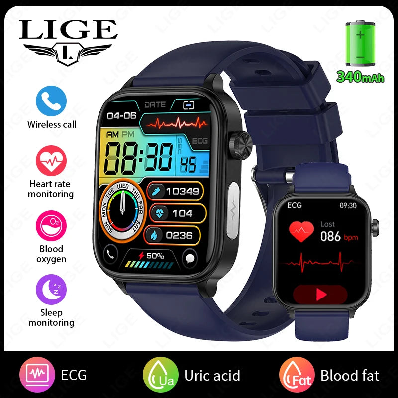 LIGE New ECG+PPG AI Healthy Diagnose Smart Watch Men Blood Lipid Uric Acid Health Tracker Smartwatch