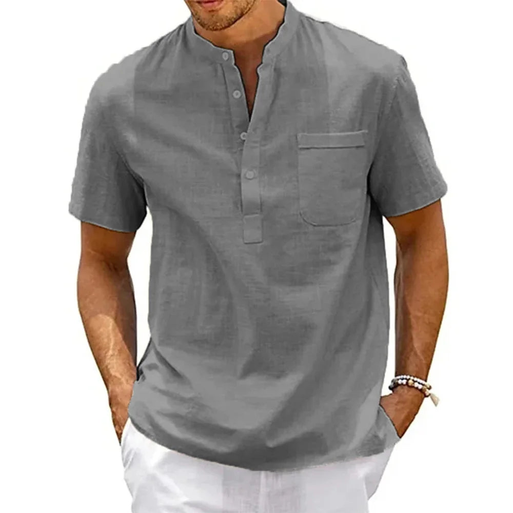 Men's Cotton Linen Shirt Short Sleeve Casual Beach Shirt Vintage Streetwear