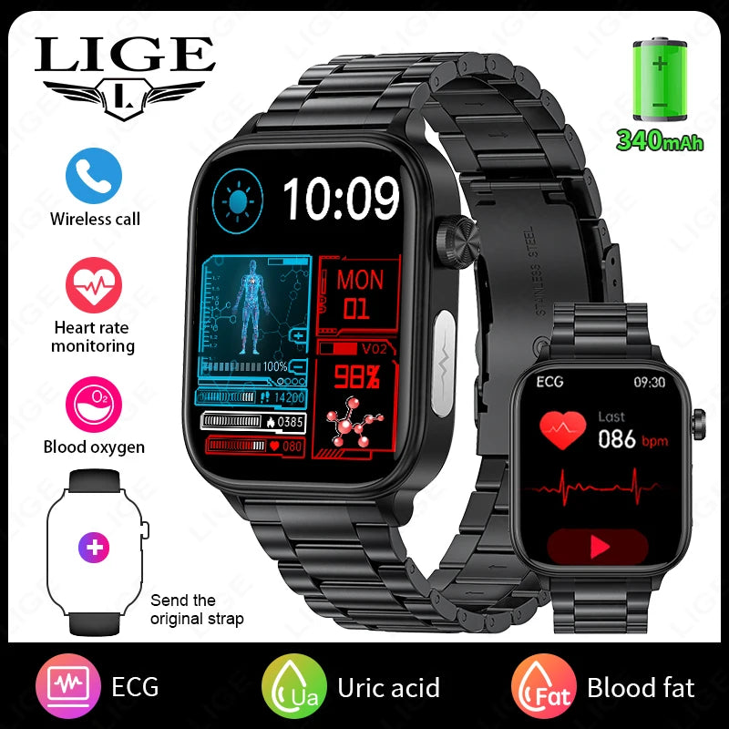 LIGE  New ECG+PPG AI Healthy Diagnose Smart Watch Men  Blood Lipid Uric Acid   Health Tracker Smartwatch