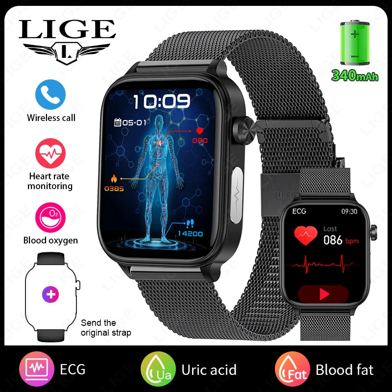 LIGE  New ECG+PPG AI Healthy Diagnose Smart Watch Men  Blood Lipid Uric Acid   Health Tracker Smartwatch