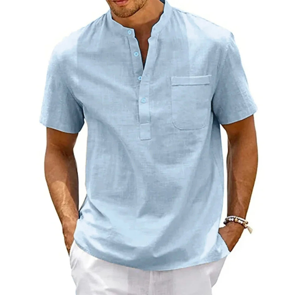 Men's Cotton Linen Shirt Short Sleeve Casual Beach Shirt Vintage Streetwear