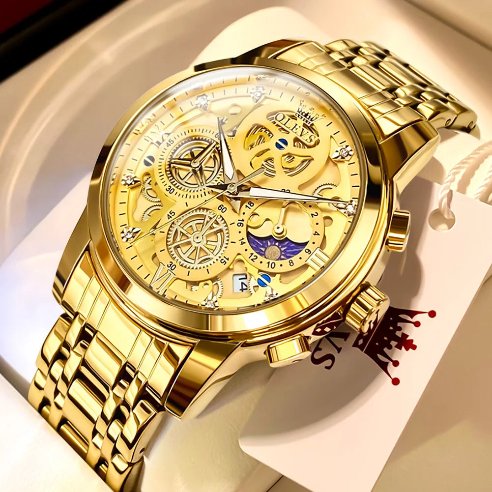 OLEVS Men's Watches Top Brand Luxury Original Waterproof Quartz Watch for Man Gold