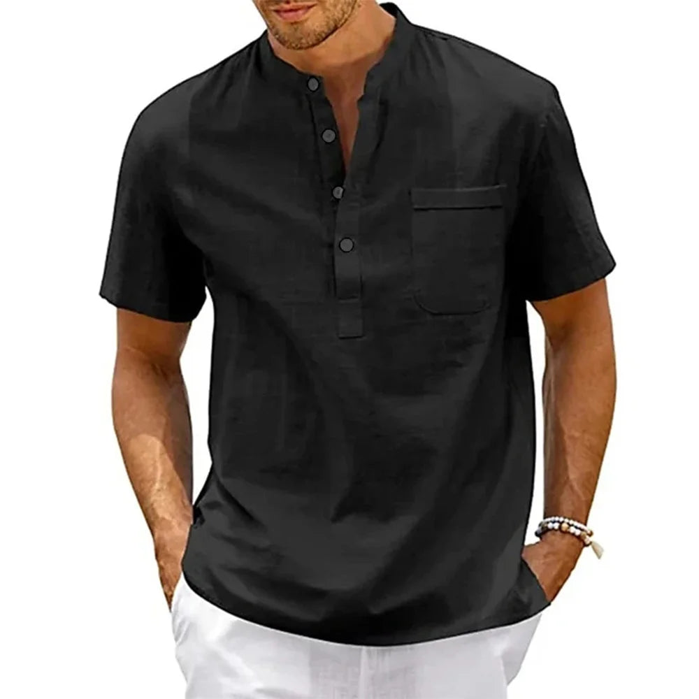 Men's Cotton Linen Shirt Short Sleeve Casual Beach Shirt Vintage Streetwear