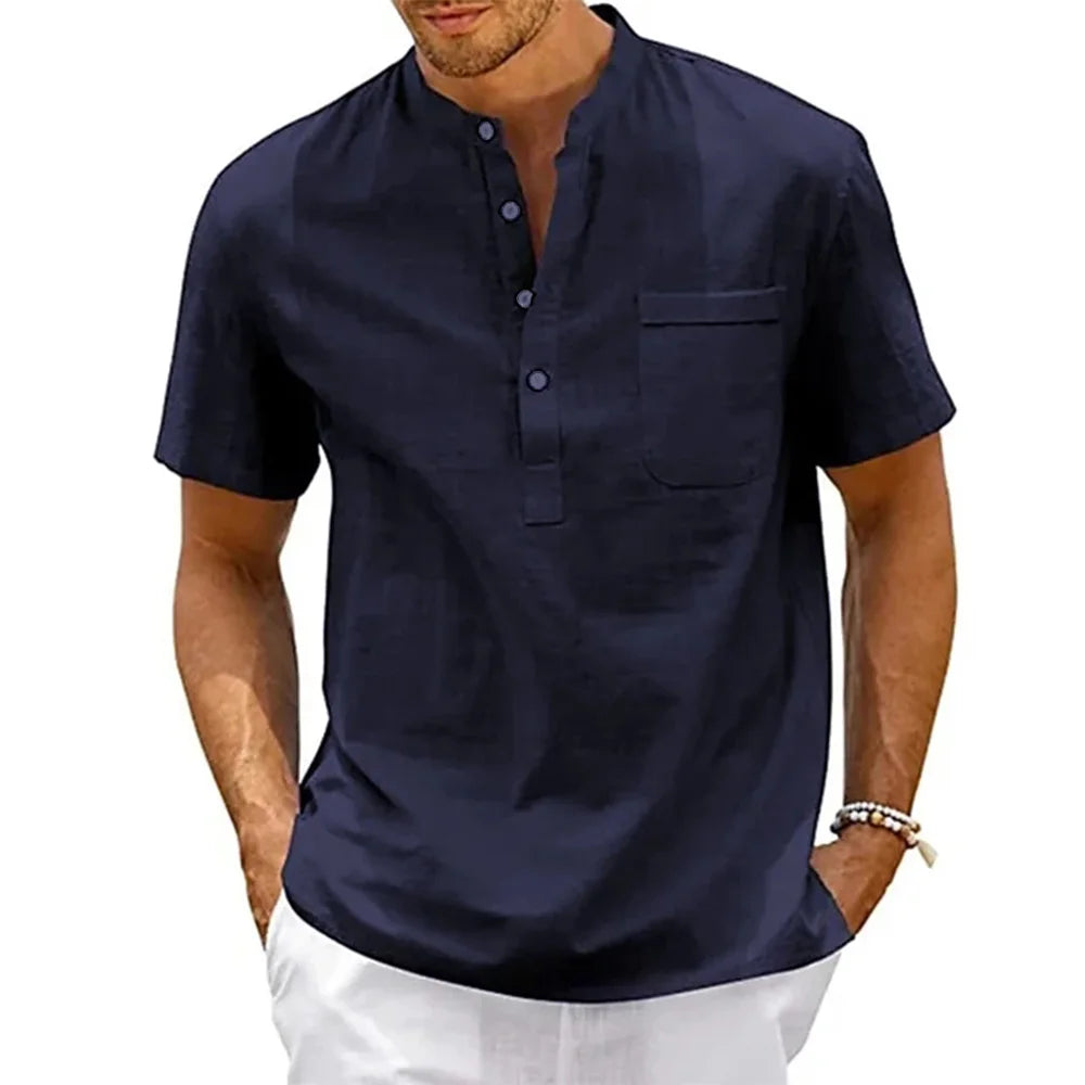 Men's Cotton Linen Shirt Short Sleeve Casual Beach Shirt Vintage Streetwear