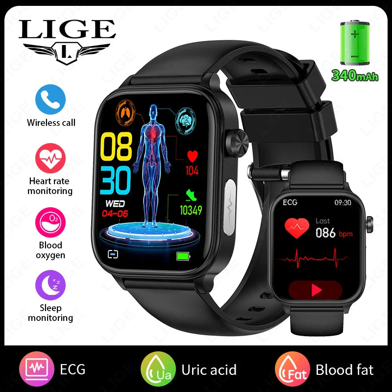 LIGE  New ECG+PPG AI Healthy Diagnose Smart Watch Men  Blood Lipid Uric Acid   Health Tracker Smartwatch