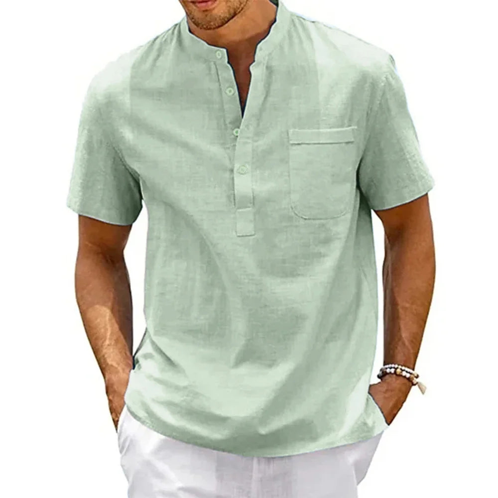 Men's Cotton Linen Shirt Short Sleeve Casual Beach Shirt Vintage Streetwear