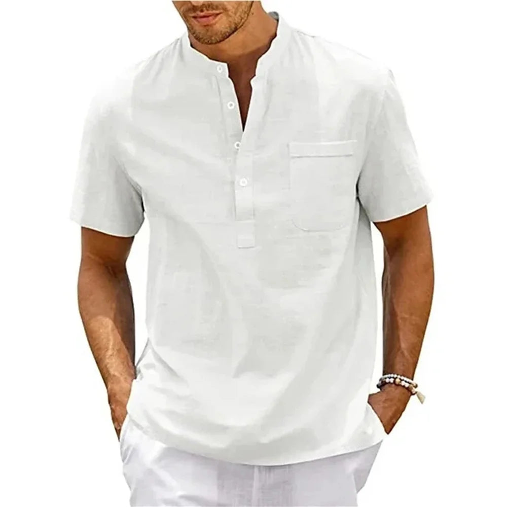 Men's Cotton Linen Shirt Short Sleeve Casual Beach Shirt Vintage Streetwear