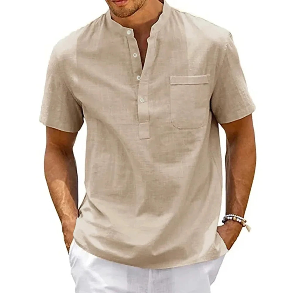 Men's Cotton Linen Shirt Short Sleeve Casual Beach Shirt Vintage Streetwear